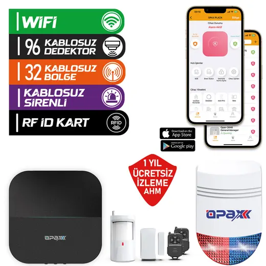 OPAX-W20-W Siyah BGR-09 Kablosuz Sirenli Akülü WiFi Ev ve İşyeri Alarm Seti
