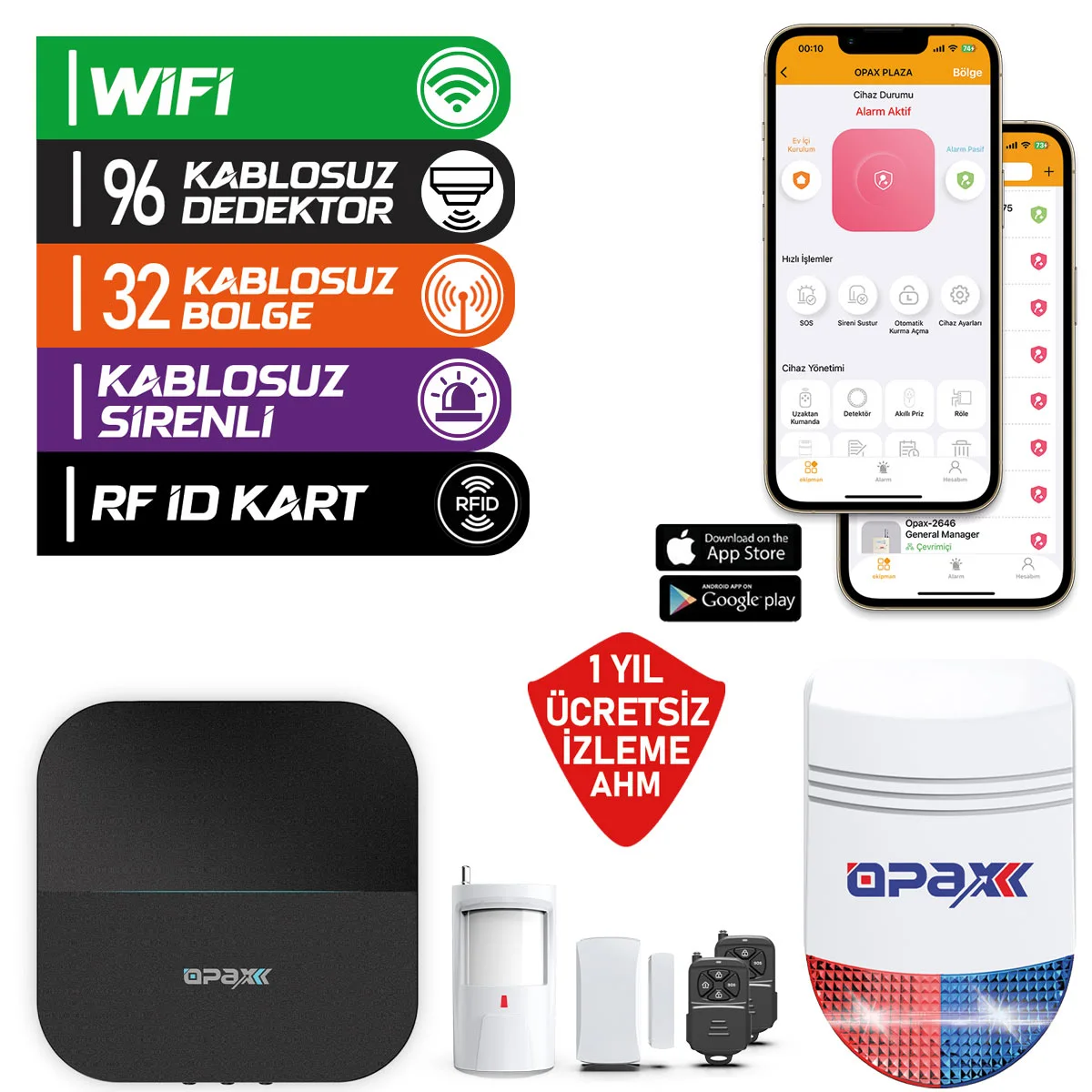 OPAX-W20-W Siyah BGR-09 Kablosuz Sirenli Akülü WiFi Ev ve İşyeri Alarm Seti