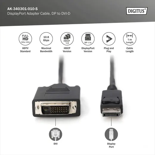 DIGITUS AK-340301-010-S Display Port Adaptör Kablosu, DP Erkek - DVI (24 +1) Erkek, 1 metre, kilit mekanizmalı, DP 1.1a görseli 5