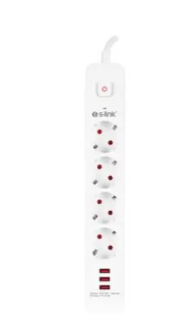 S-link SPG403U 1.5m 1.5mm 100 yüzde Bakır 750 Joule 3 Usb 5V2.4A 4lü Anahtarlı Akım Korumalı Priz