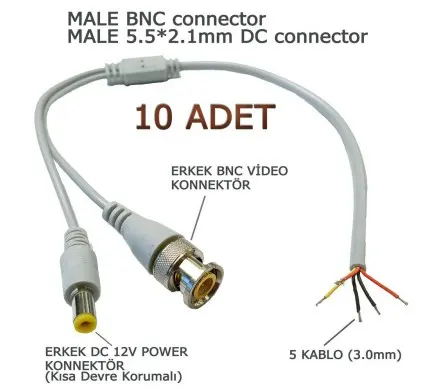 10 ADET GRİ HAZIR BNC KABLO ( ERKEK BNC-ERKEK POWER JACK) 30CM