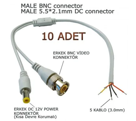 10 ADET GRİ HAZIR BNC KABLO ( ERKEK BNC-ERKEK POWER JACK) 30CM
