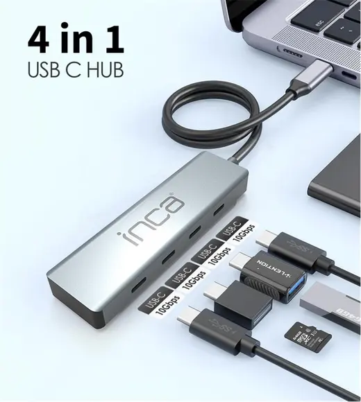 Inca ITPT-4TX 4 Port Type-C 3.1 Veri ile3.1 10 Gbps Type-C Çoklayıcı Kablo uzunluğu 15cm