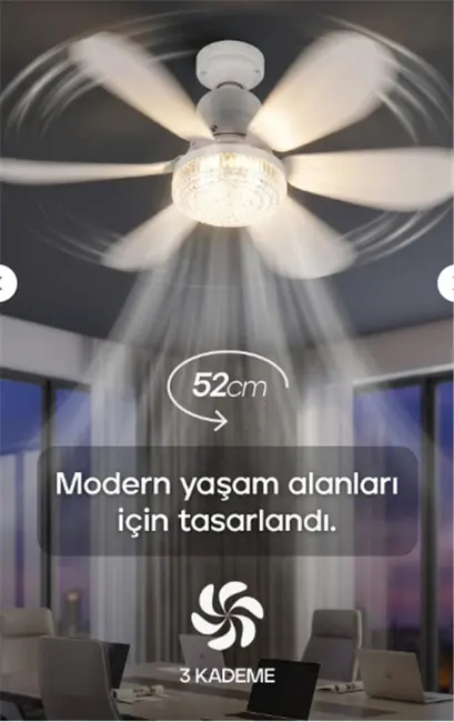 Feny Fn-F82 Zefira 3 Kademe Ultra Sessiz Uyku Mod 3000k-6500K Kristal Led Tavan Vantilatörü Kumanda alternatif görünüm