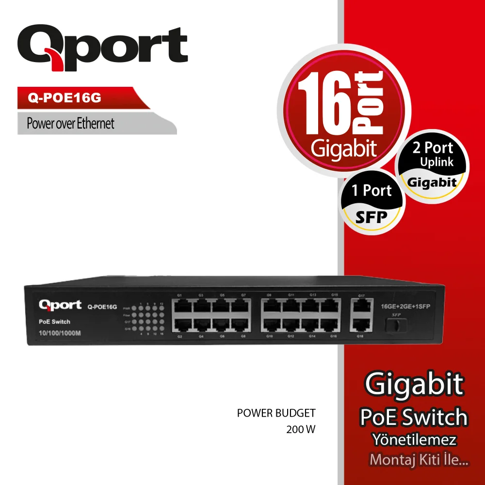 Qport Q-POE16G 16 Port 10/100/1000 2 Port 10/100/1000 Uplink 1 Port SFP POE Switch