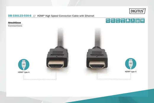 DIGITUS DB-330123-030-S HDMI High Speed with Ethernet Bağlantı Kablosu, HDMI Tip A Erkek <-> HDMI Tip A Erkek, 3 metre görseli 7