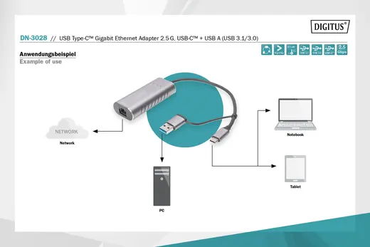 DIGITUS DN-3028 USB Tip C™ Gigabit Ethernet Adaptörü 2.5G, USB-C™ + USB-A (USB 3.1/3.0) görseli 5