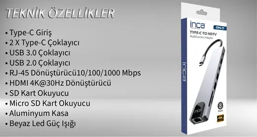 Inca ITPC-7T Type-C Giriş 2XType-C Çoklayıcı RJ-45 HDMI 4K@30 USB 3.0 Çoklayıcı Micro SD Kart alternatif görünüm