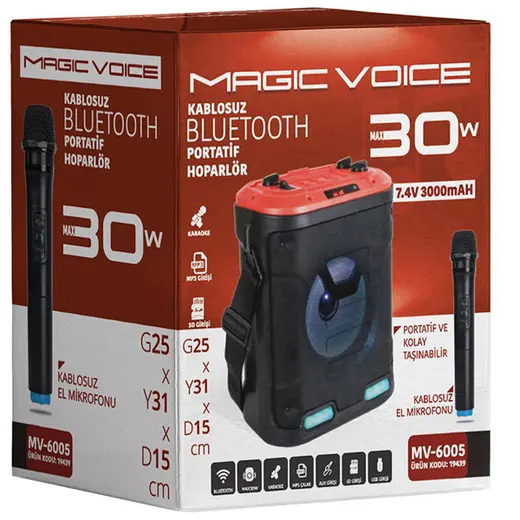 MAGICVOICE MV-6005 VHF EL MİKROFONU+USB+SD+BT 30 WATT IŞIKLI TAŞINABİLİR ŞARJLI SEYYAR ANFİ görseli 3