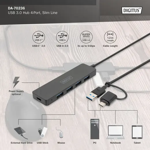 DIGITUS DA-70236 4-Port USB 3.0 Hub, İnce Tip, USB-C Adaptörlü, 5Gbps, 1,2 metre kablo dahil görseli 3