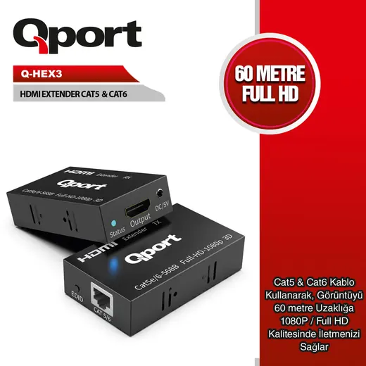 Qport Q-HEX3 60m HDMI Extender Cat6 2'li Paket