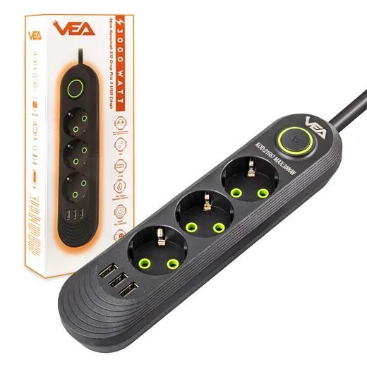 VEA VA-21557 3LÜ 1.5 METRE KABLOLU 3 USBLİ SİYAH AKIM KORUMALI PRİZ görseli 4