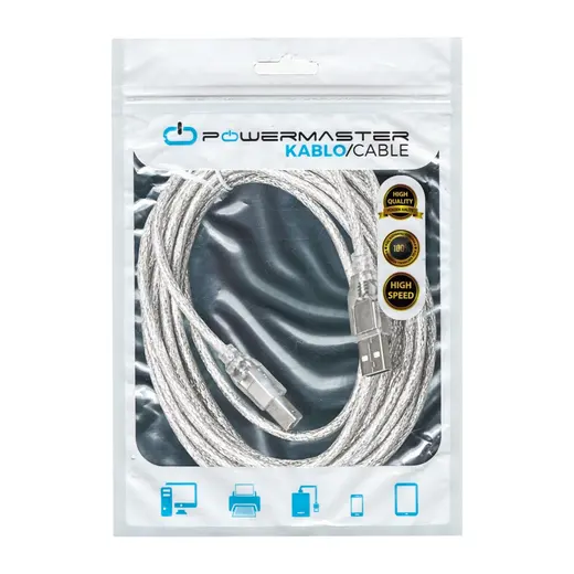 POWERMASTER 5 METRE 2.0V ŞEFFAF/MAVİ USB YAZICI KABLOSU alternatif görünüm