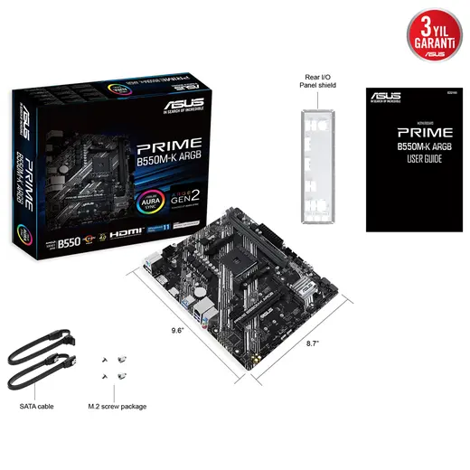 ASUS PRIME B550M-K ARGB AMD AM4 DDR4 4866 DP HDMI Çift M2 USB3.2 AURA RGB mATX görseli 5