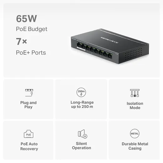 MERUCYS 8port PoE 65W Gigabit Yönetilemez Switch MS108GP görseli 7
