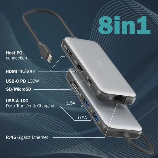 DIGITUS DA-70915 8-port USB-C Docking Station 2 x HDMI 3 x USB 3.0 1 x RJ45 1 x SD 1 x MicroSD 1 x USB-C PD görseli 6
