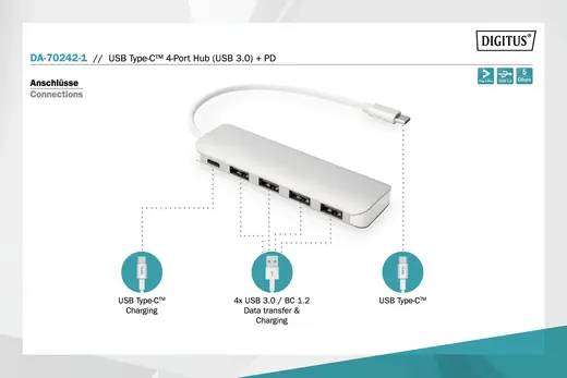 DIGITUS DA-70242-1 4 Port USB 3.0 Hub, 4 x USB 3.0 USB-A Dişi Konnektör (USB çevre ürünü) görseli 6