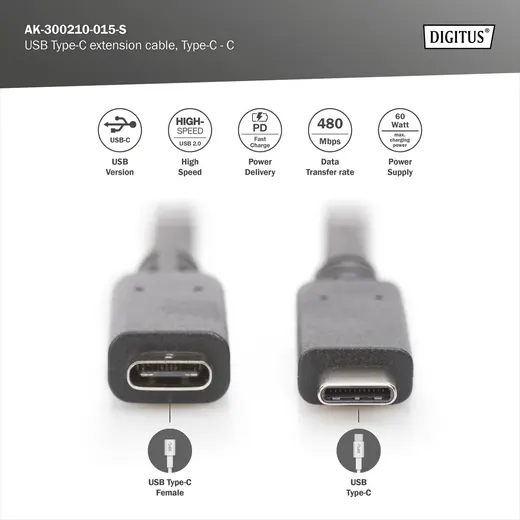 DIGITUS AK-300210-015-S USB-C Uzatma Kablosu, Tip C Erkek - Tip C Dişi, 1.5 metre, 3A, 480MB, Versiyon 2.0, siyah renk alternatif görünüm