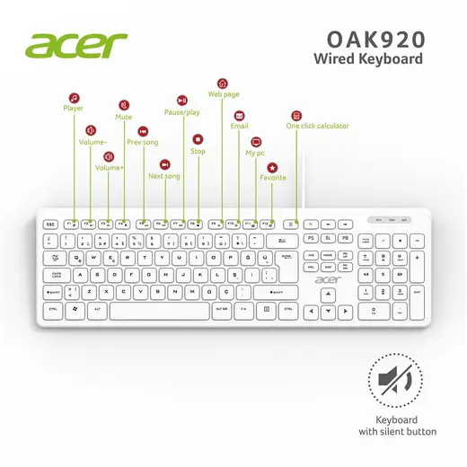 Acer OAK920 Q Usb Beyaz 1.8mt Kablolu Klavye-Tek Tuş Hesap Makinalı (Sessiz Tuş)