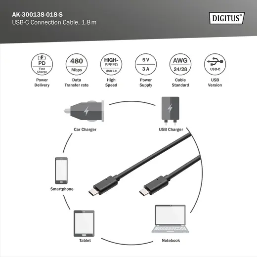 DIGITUS AK-300138-018-S USB BAGLANTI KABLOSU USB-Ce/USB-Ce 1.80 MT