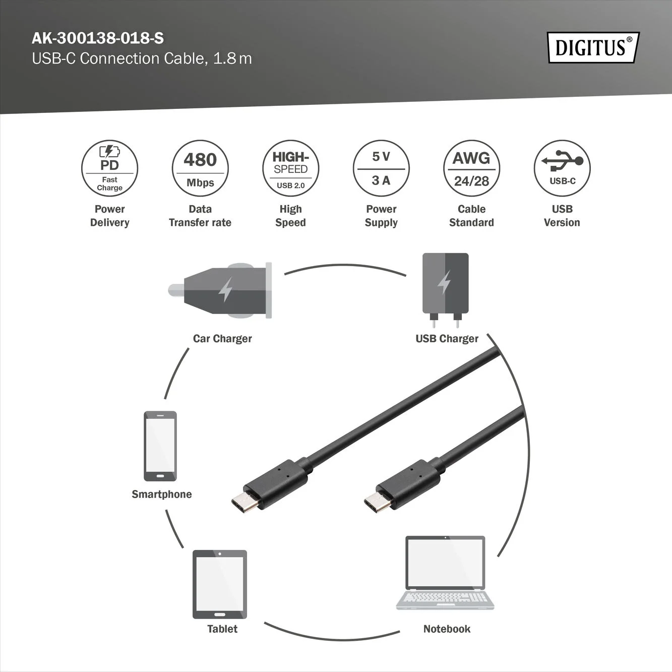 DIGITUS AK-300138-018-S USB BAGLANTI KABLOSU USB-Ce/USB-Ce 1.80 MT