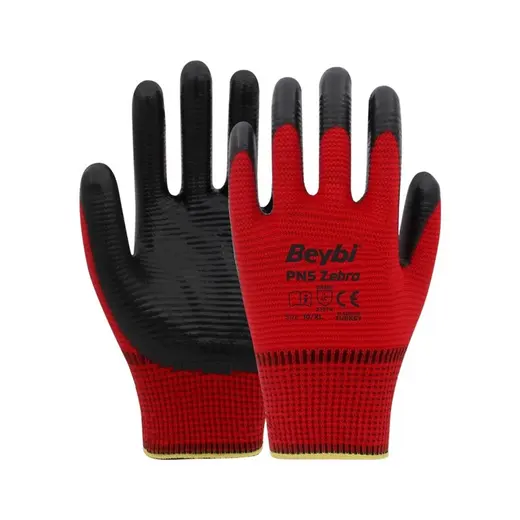 Beybi Nitril PMK PN5 Zebra Kırmzı Siyah 9 Beden 12li Paket