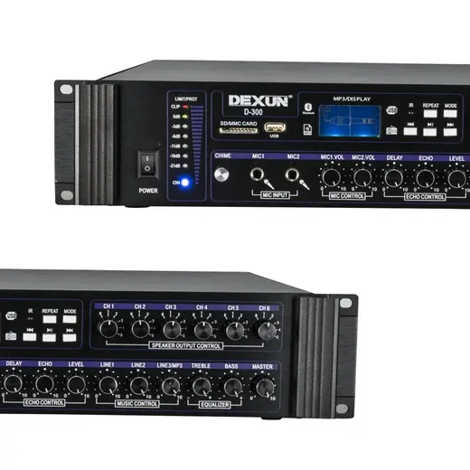 DEXUN D-300 250W 6 ZONE İKİ MİK GİRİŞ USB-BT 4/16-70-100V HAT TRAFOLU ANFİ alternatif görünüm
