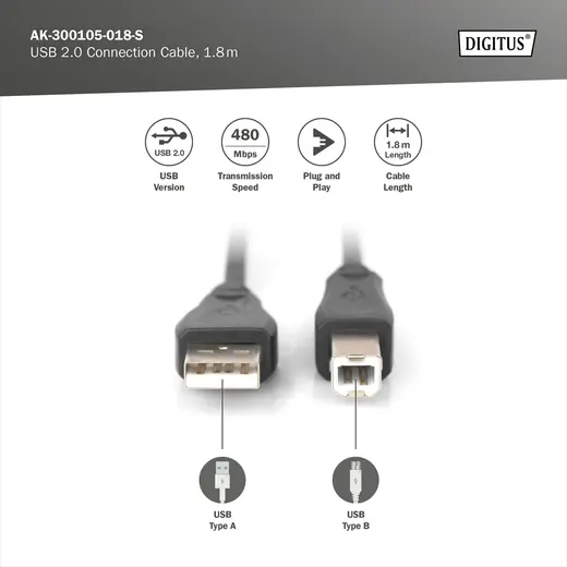 DIGITUS AK-300105-018-S USB 2.0 Bağlantı Kablosu, USB A Erkek - USB B Erkek, 1.8 metre, AWG 28, USB 2.0 uyumlu, UL görseli 3