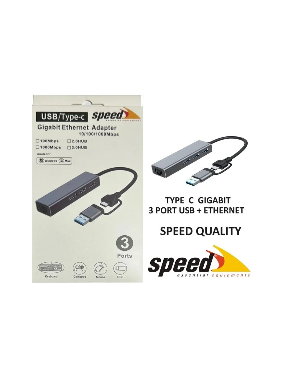 SPEED SP-UET01 10/100/1000 USB/TYPE-C 3 PORT USB3.0 GIGABIT ETHERNET CEVIRICI