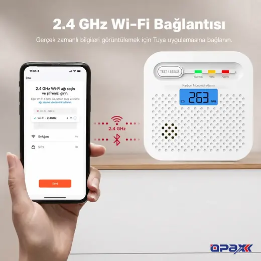 OPAX Y100A-AA-W WiFi Karbonmonoksit Dedektörü ve CO Alarmı görseli 3