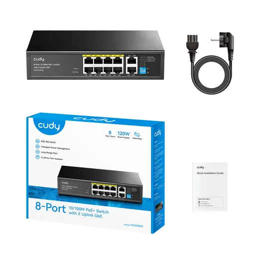 CUDY 8port PoE 120w 2-Uplink 10/100 Yönetilemez Switch FS1010PG görseli 1