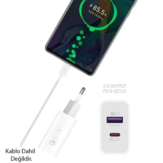POWERWAY HW25 USB 3.0 / TYPE-C 25W 3.0A HIZLI ŞARJ ALETİ BAŞLIĞI PD25W görseli 3