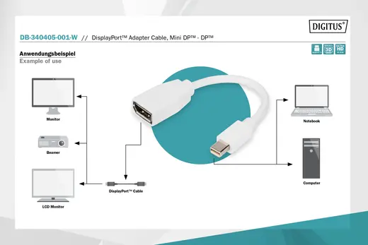 DIGITUS DB-340405-001-W DisplayPort Adaptörü, mini DP Erkek DP Dişi, 0.15 metre , DP 1.2 uyumlu görseli 4