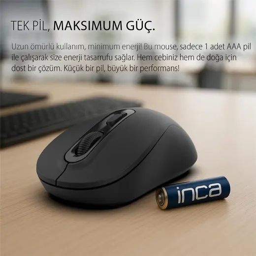 INCA IWM-288T Bluetooth 5.4 + 2.4G Kablosuz Optik Mouse 800-1200-1600 Dpı (1xaa Pil İçinde)