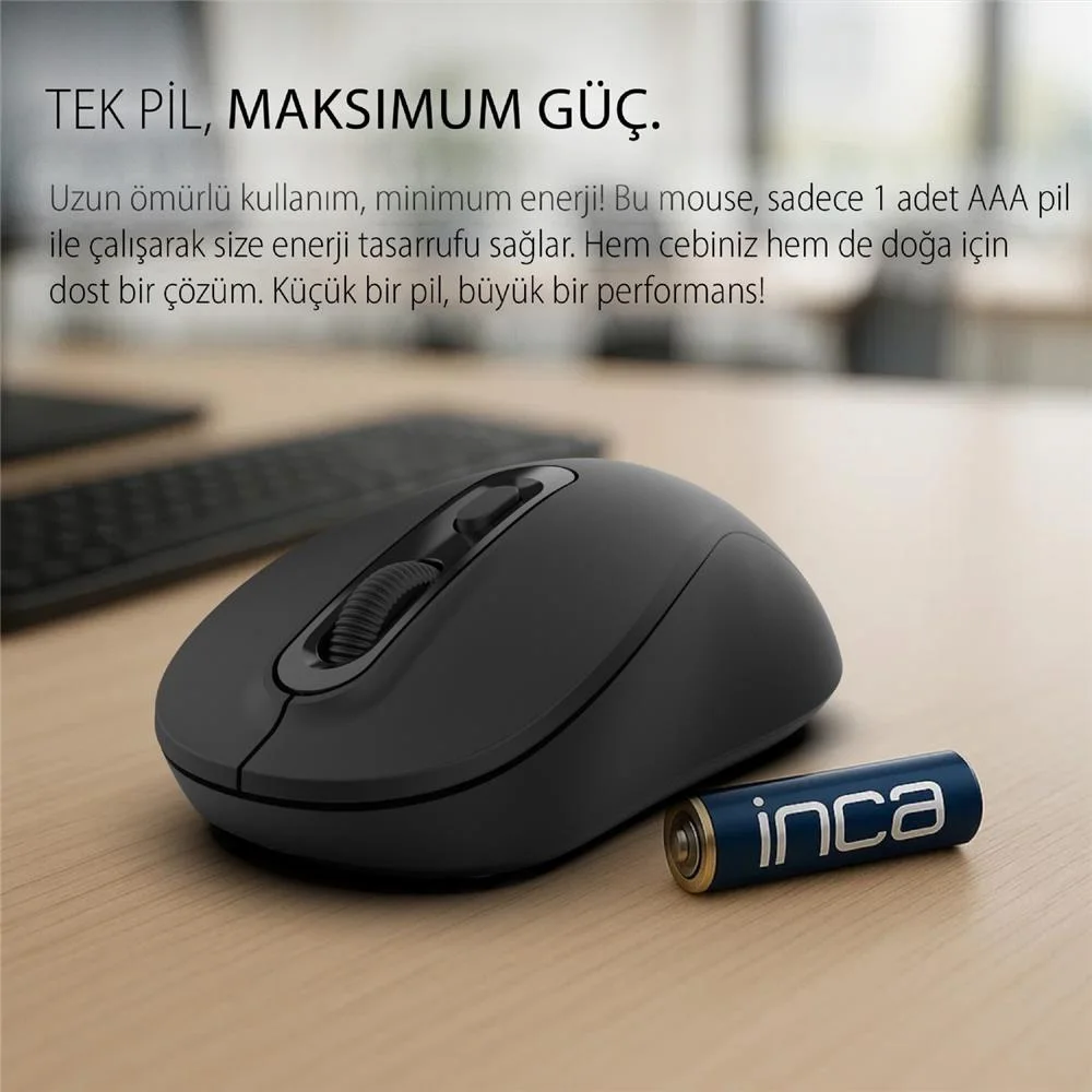 INCA IWM-288T Bluetooth 5.4 + 2.4G Kablosuz Optik Mouse 800-1200-1600 Dpı (1xaa Pil İçinde)
