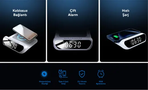 S-link SL-CW18 Beyaz Telefon Uyumlu 15W LCD Ekran Double Alarmli Kablosuz Şarj Cihazı alternatif görünüm
