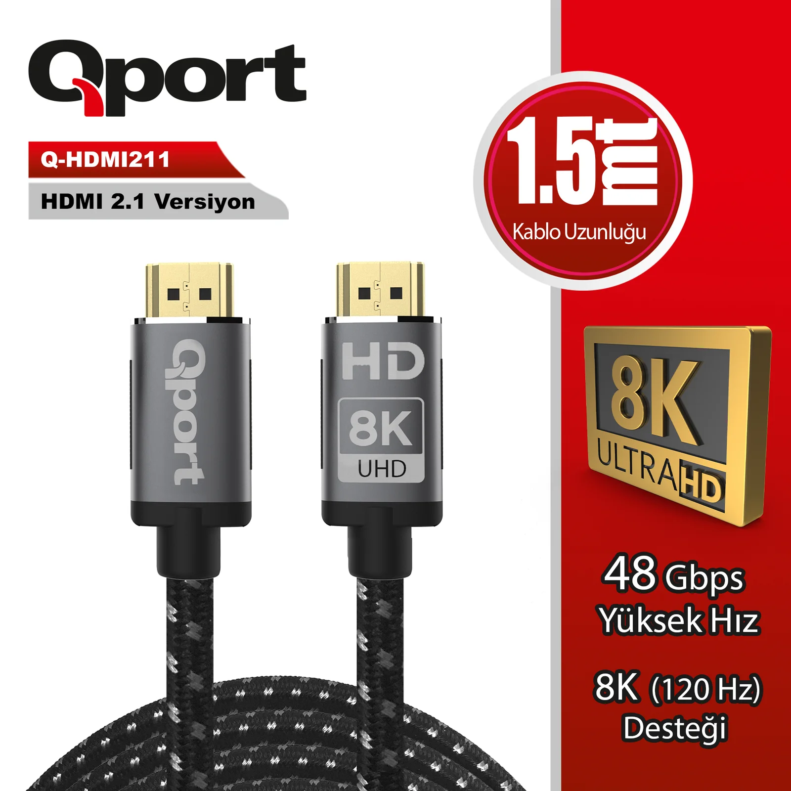 QPORT (Q-HDMI211) ALTIN UCLU 1.5M 8K HDMI2.1 KABLO