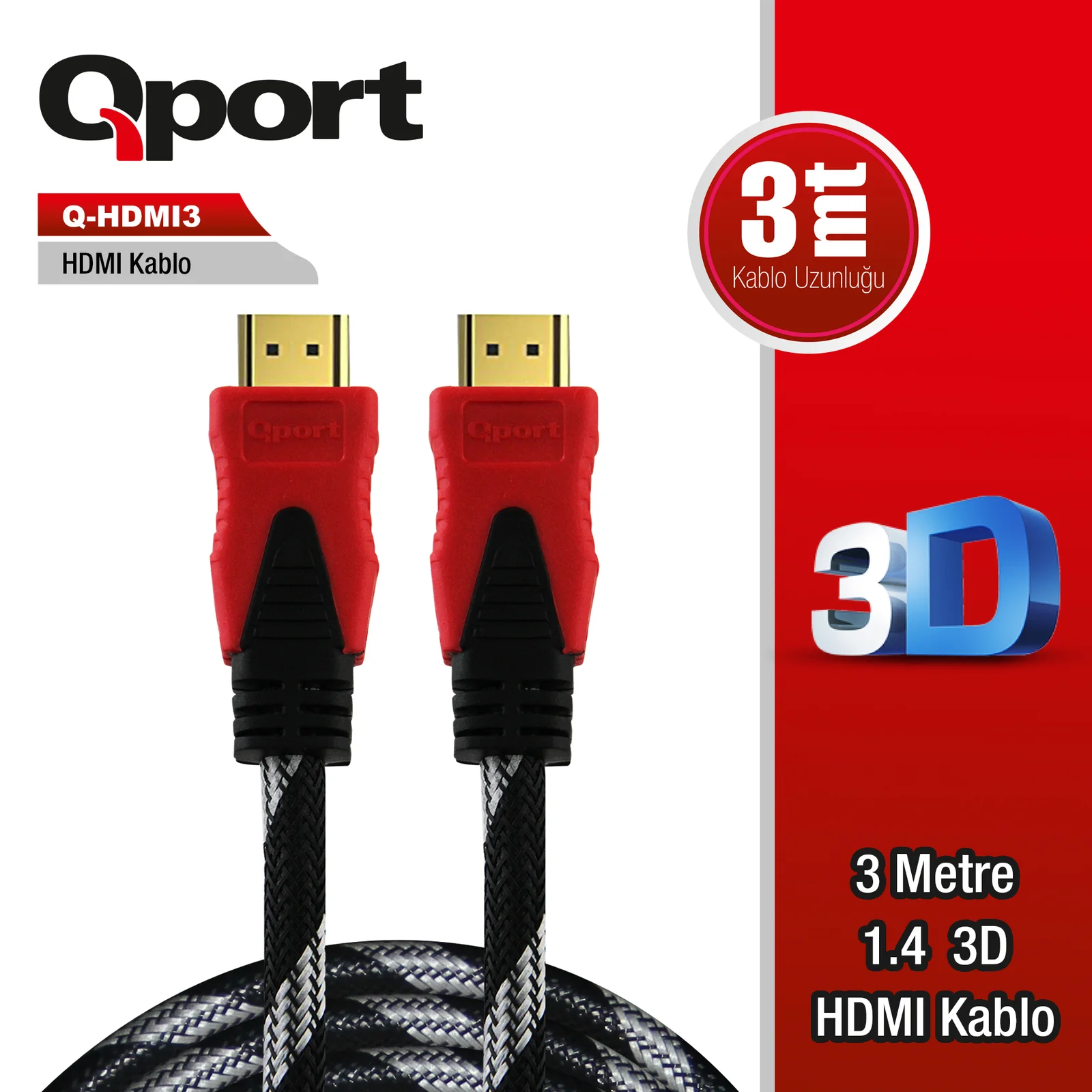 QPORT (Q-HDMI3) ALTIN UCLU 3M HDMI KABLO