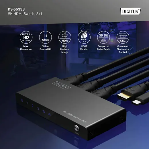DIGITUS DS-55333 8K HDMI Switch, 3x1 görseli 3