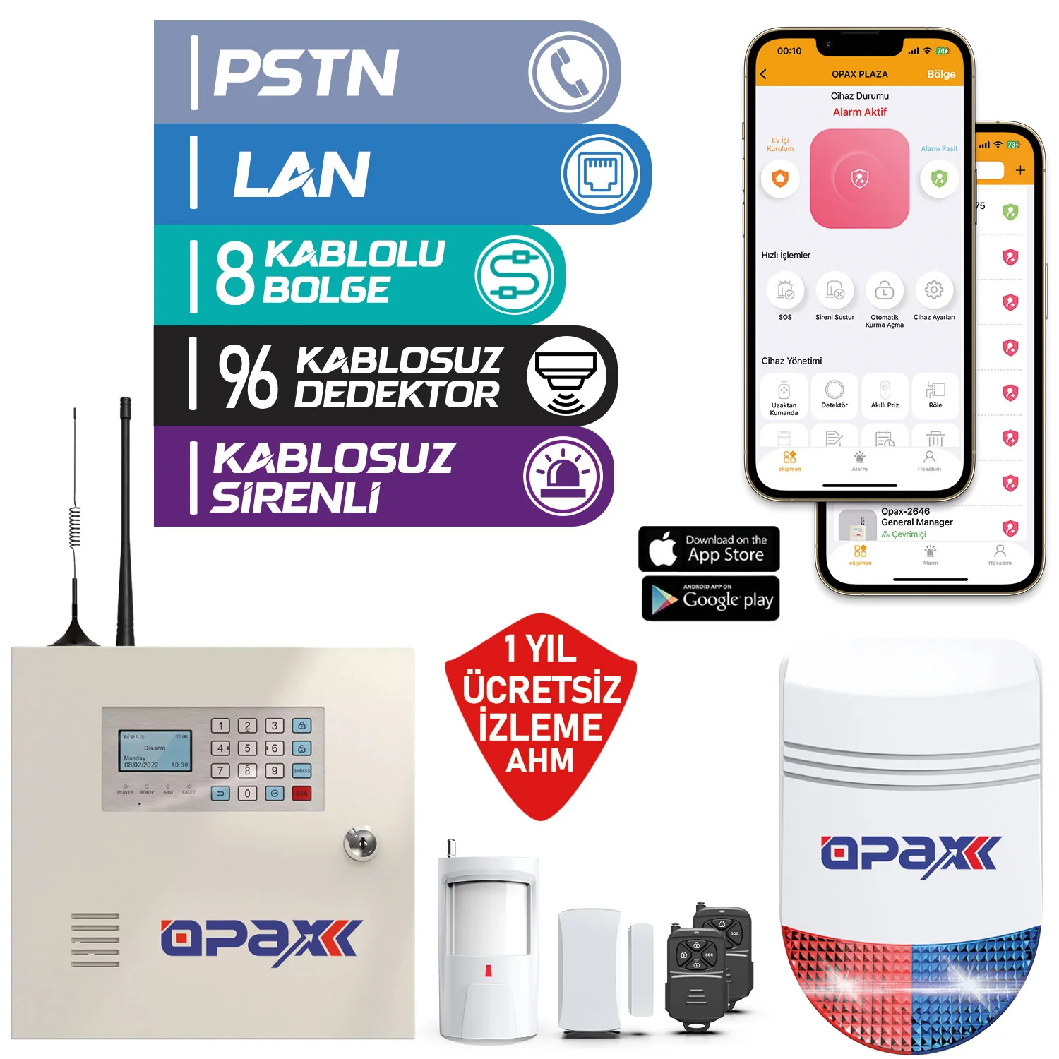 OPAX-2545LAN BGR-09 Kablosuz Sirenli Akülü LAN/PSTN Kablolu/Kablosuz Ev ve İşyeri Alarm Seti