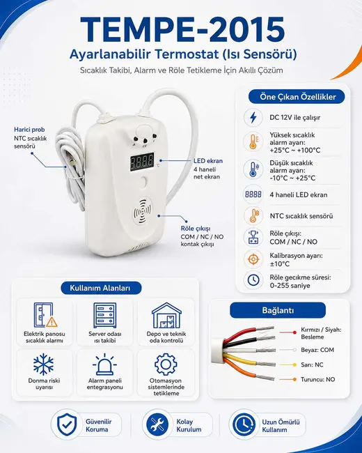 TEMPE-2015 Ayarlanabilir Termostat (Isı Sensörü) (Tüm Alarm Panellerini Destekler) görseli 5