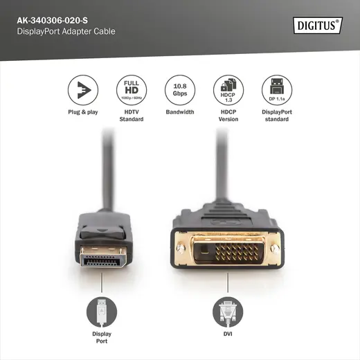 DIGITUS AK-340306-020-S DisplayPort adaptör kablosu, DP tipi - DVI (24+1) St/St, 2.0m, kilitli, DP 1.1a uyumlu, bw görseli 3