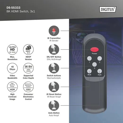 DIGITUS DS-55333 8K HDMI Switch, 3x1 görseli 6