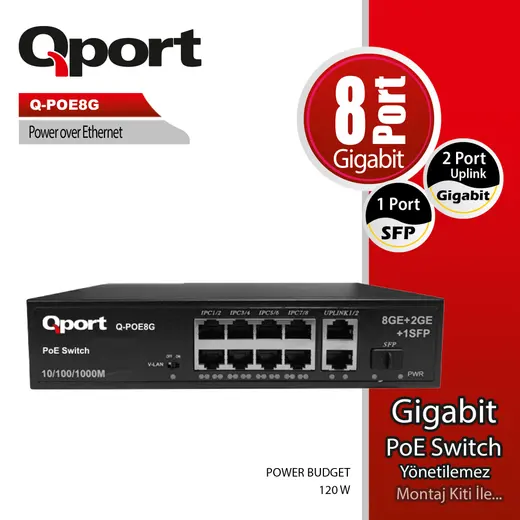 Qport Q-POE8G 8 Port 10/100/1000 2 Port 10/100/1000 Uplink 1 Port SFP POE Switch
