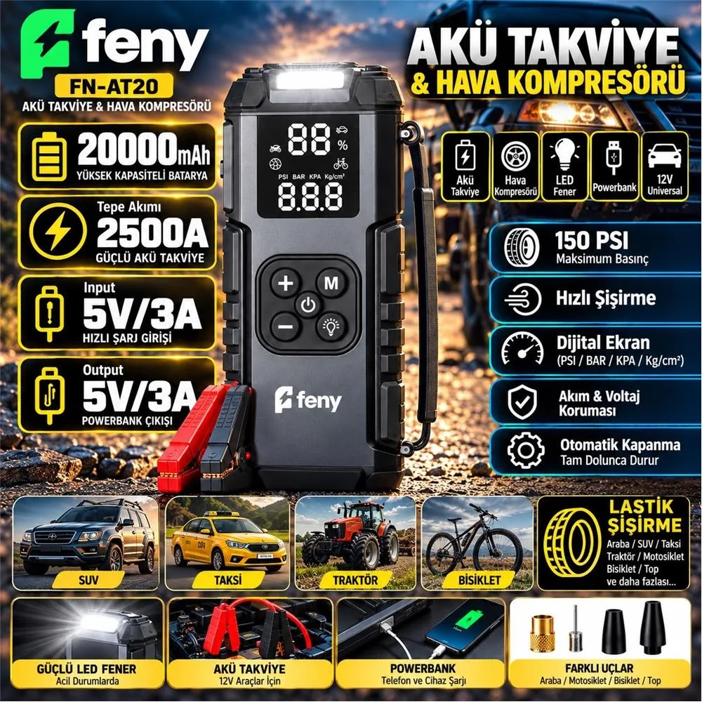 Feny FN-AT20 20.000 Mah 5v-3a Akü Takviye Ve Hava Kompresörü (Lastik Şişirme- Powerbank) Çantalı