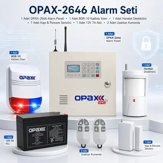 OPAX-2646 BGR-10 Kablolu Sirenli Akülü GPRS/GSM Ev ve İşyeri Alarm Seti alternatif görünüm