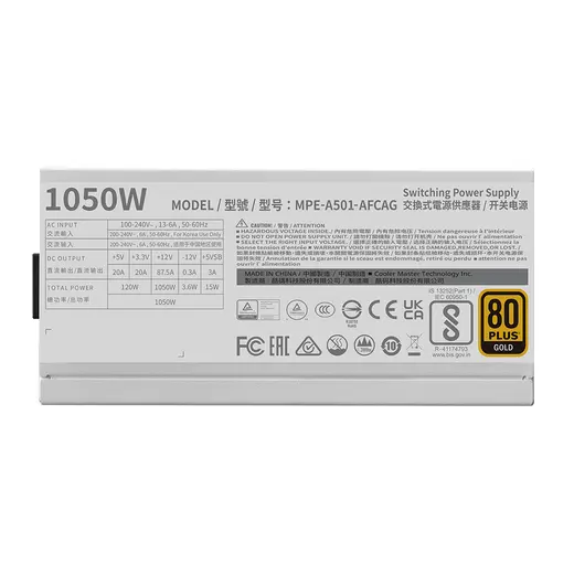 COLERMASTER 1050W 80+ GOLD MWE V2 MPE-A501-AFCAG-3EGEU Tam Modüler Power Supply Beyaz görseli 4