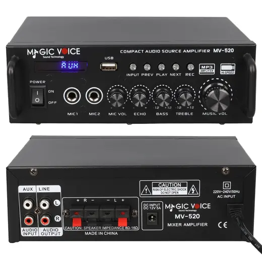 MAGICVOICE MV-520 30W USB/SD/UK BLUETOOTH EKO-2 MİK.TDA 7377 Lİ *2 GİRİŞ UKLI 220/12V TRAFOSUZ ANFİ