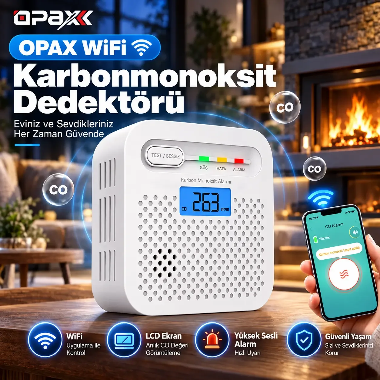 OPAX Y100A-AA-W WiFi Karbonmonoksit Dedektörü ve CO Alarmı