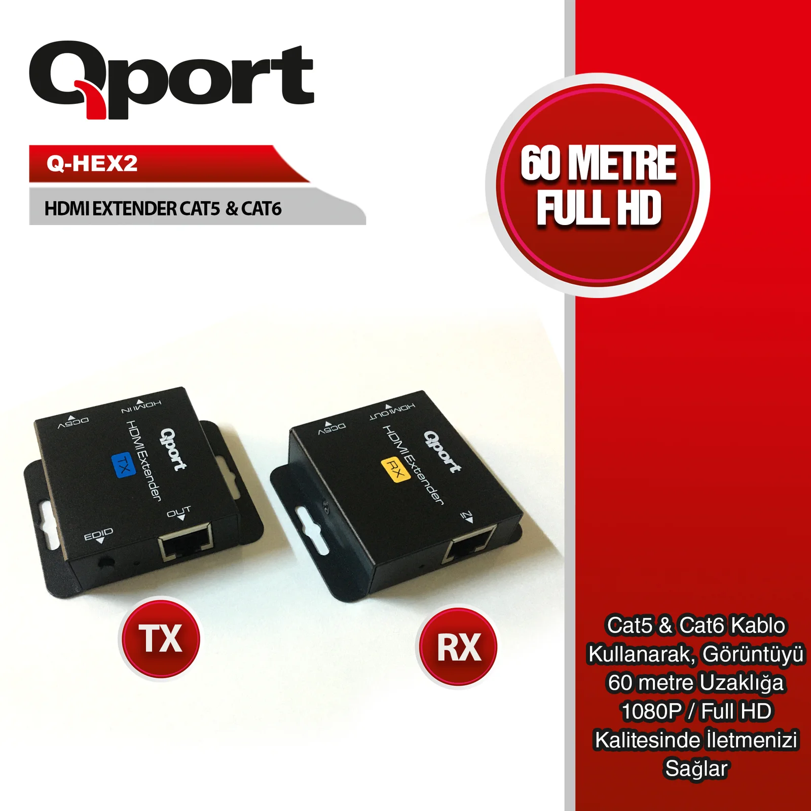 QPORT (Q-HEX2) 60 METRE CAT5/CAT6 HDMI EXTENDER DONUSTURUCU 2 LI PAKET